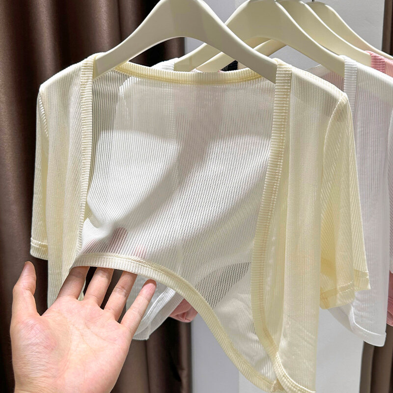 Áo Len Cardigan Tay Ngắn Bằng Lụa Băng Mới Cho Nữ Mùa Hè Mỏng Bằng Vải Voan Lưới Áo Khoác Ngoài Váy 
