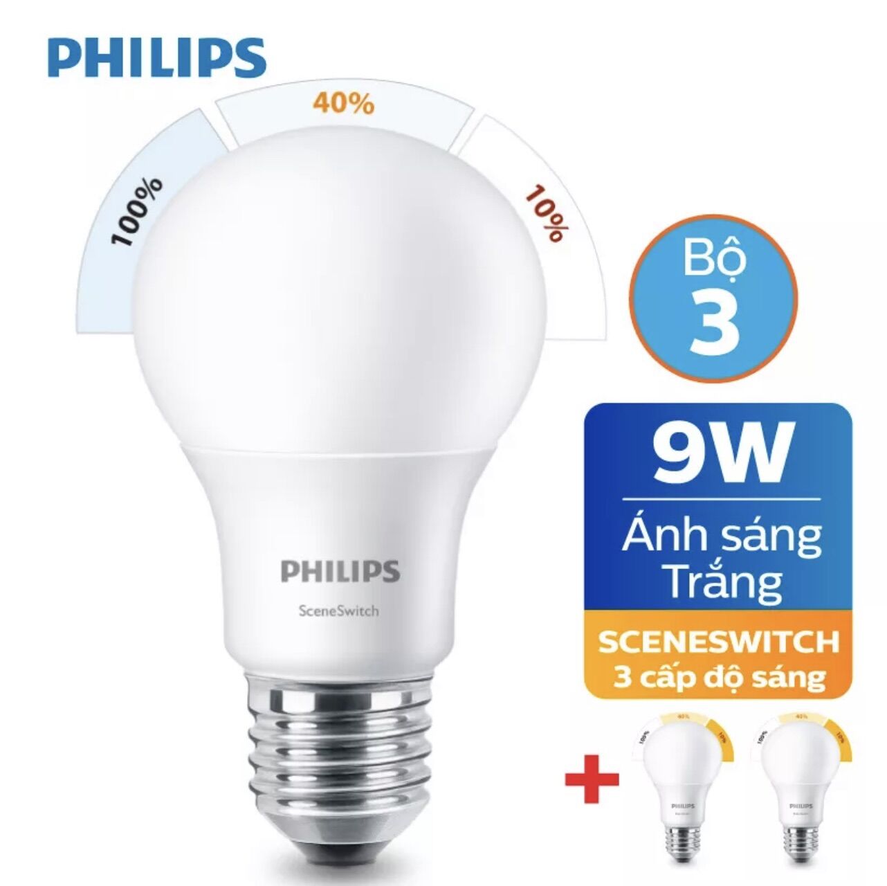Combo 3 bóng led bulb 9w sceneswitch 9w e27 a60 philips ánh sáng trắng 6500k / vàng 3000k. bh 12 tháng chính hãng philips.