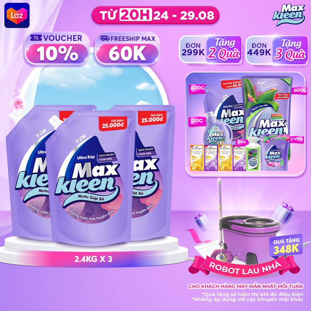 Combo 3 Túi Nước Giặt Xả MaxKleen Hương Nước Hoa Huyền Diệu (2.4kg/túi)