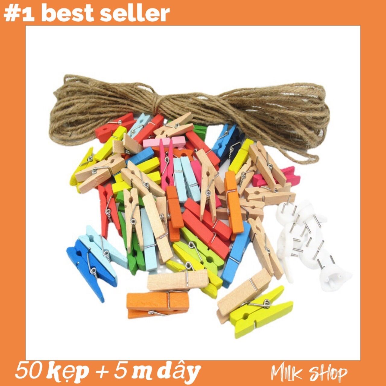 50 kẹp gỗ treo ảnh 25mm + 5m dây cói trang trí