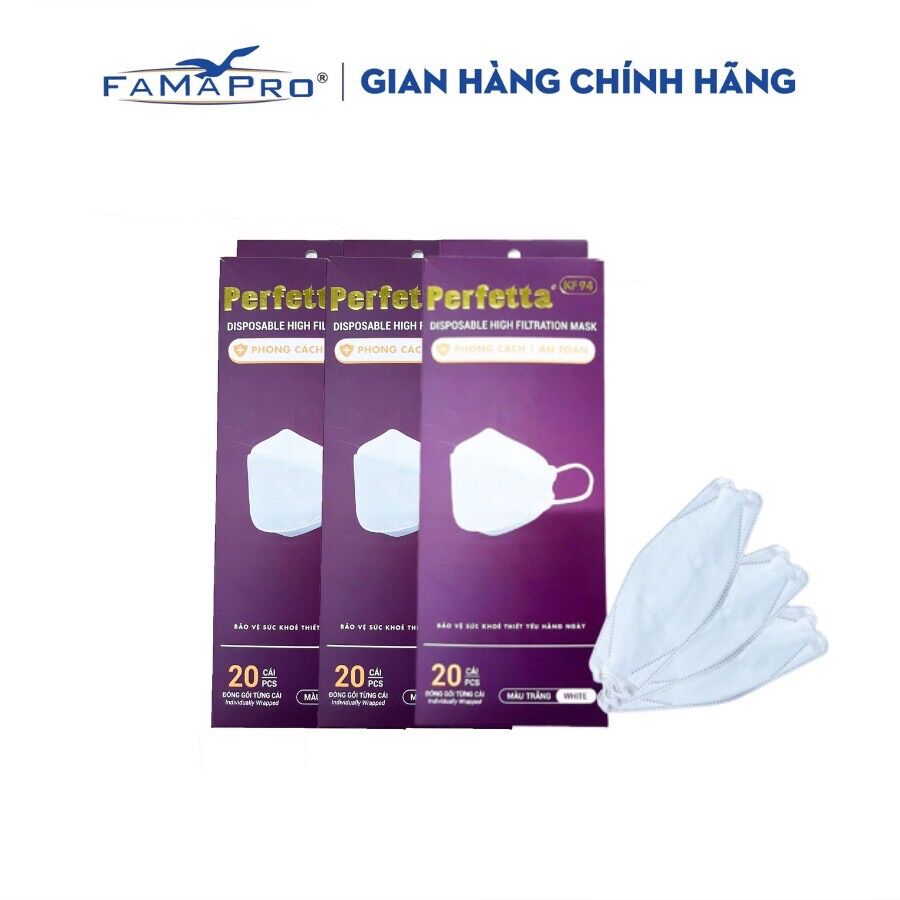 [CAO CẤP] Khẩu trang KF94 Perfetta Trắng/Đen (20 Cái/Hộp) - 3 lớp kháng khuẩn - Bsafe