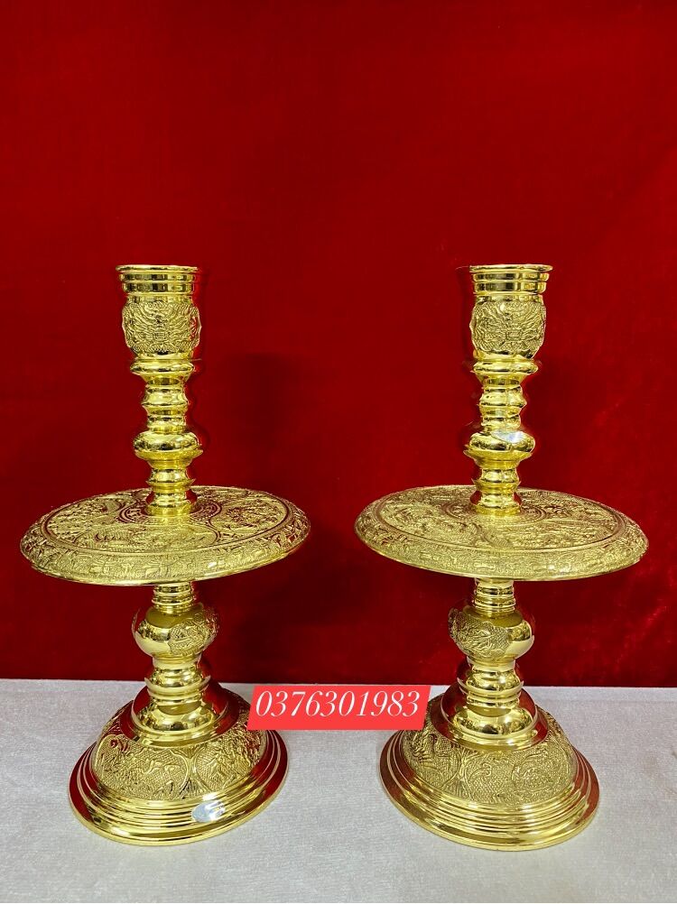 Cặp chân nến chân đèn đồng vàng nguyên chất cao 30cm
