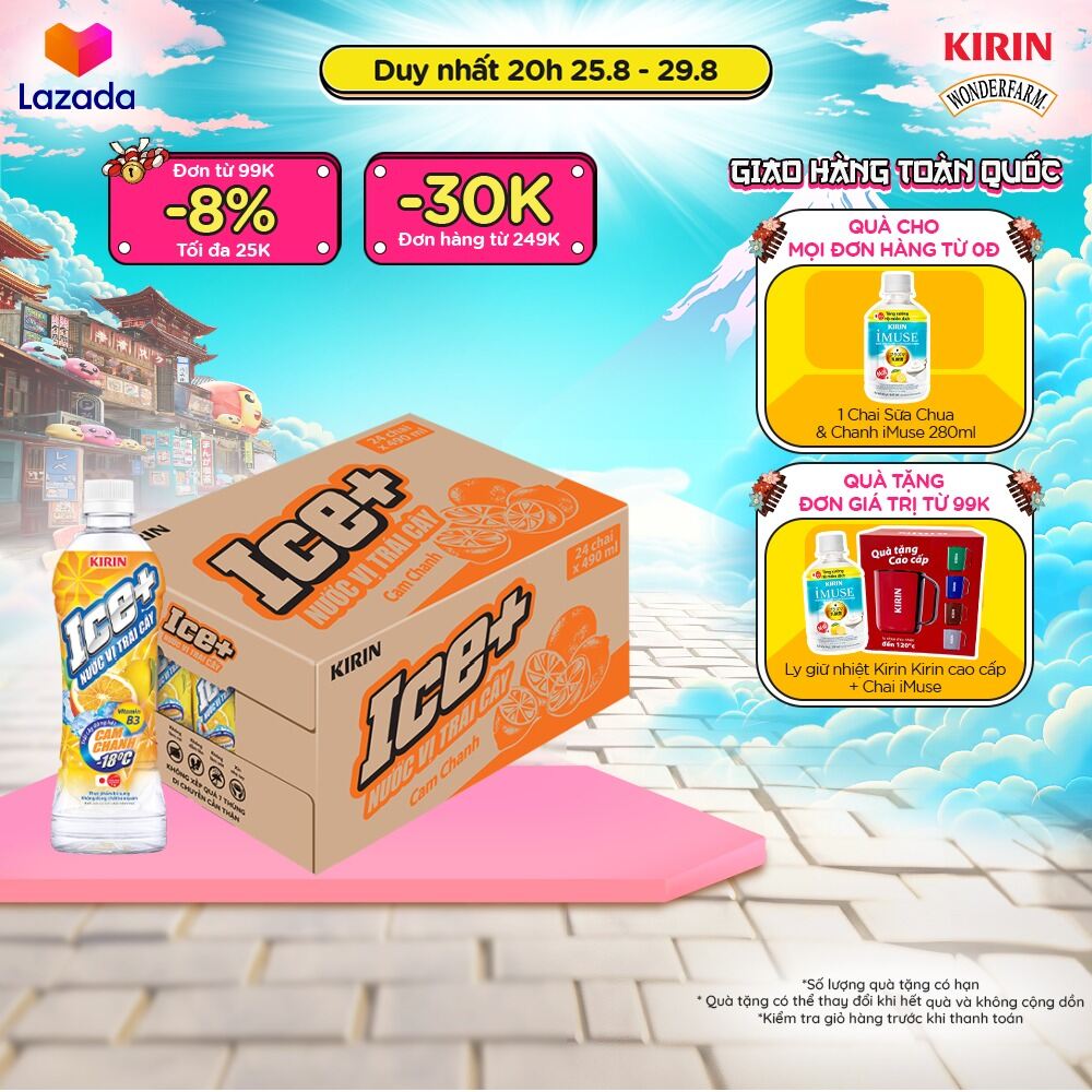 Thùng 24 chai nước vị trái cây kirin ice+ - cam chanh 490ml