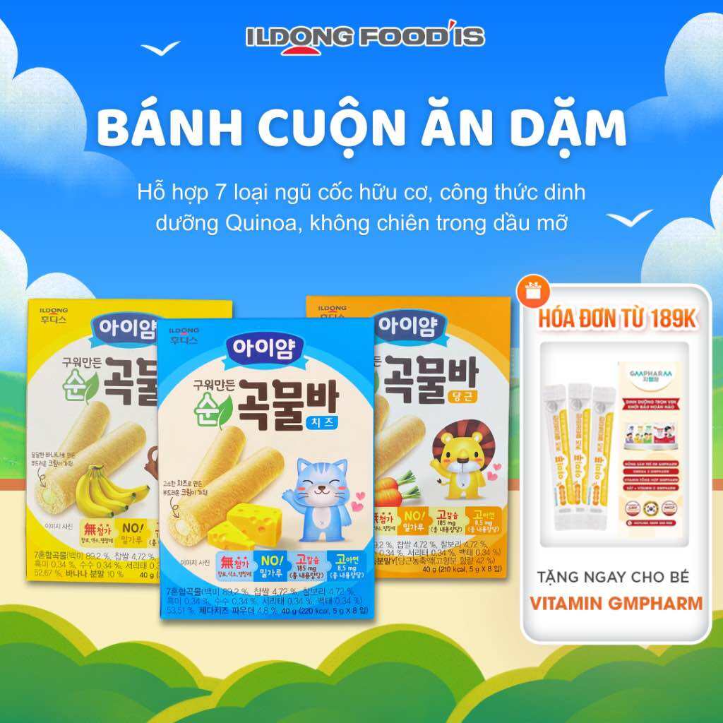 Date 4-6/2025 Bánh cuộn ngũ cốc / bánh xốp ILDONG Hàn Quốc cho bé ăn dặm từ 9 tháng