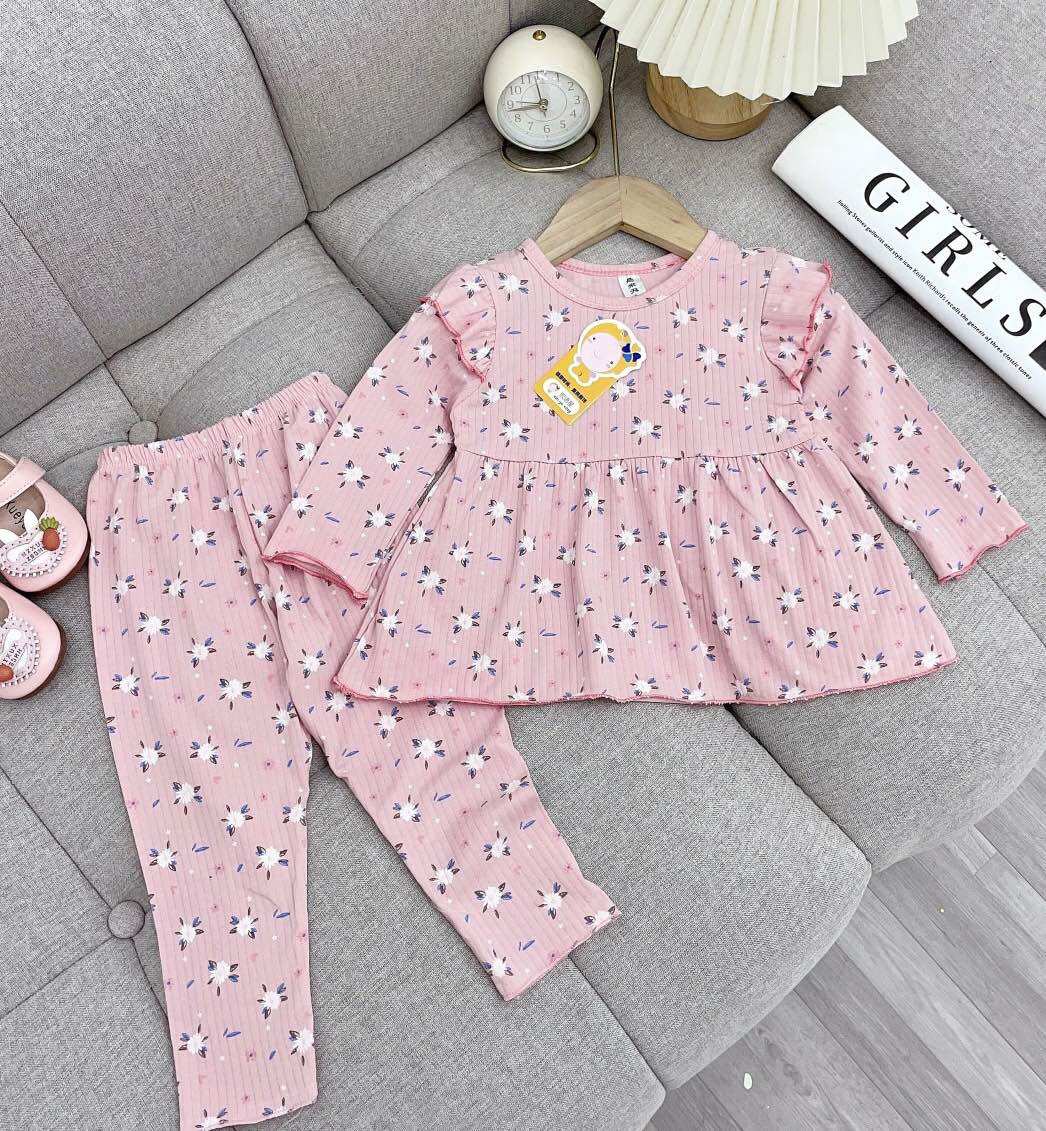 NT245 Bộ dài tay cotton tăm dáng cánh tiên cuốn viền bèo điệu đà cho bé gái