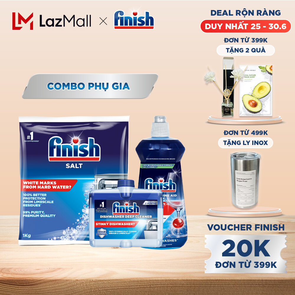Combo phụ gia: Nước làm bóng 500ml + Dung dịch vệ sinh máy 250ml + Muối rửa chén bát 1kg