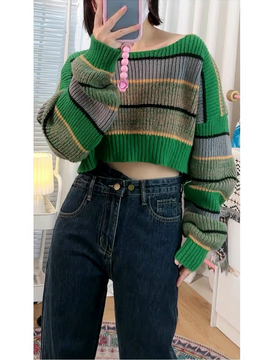 Áo len croptop sọc xanh