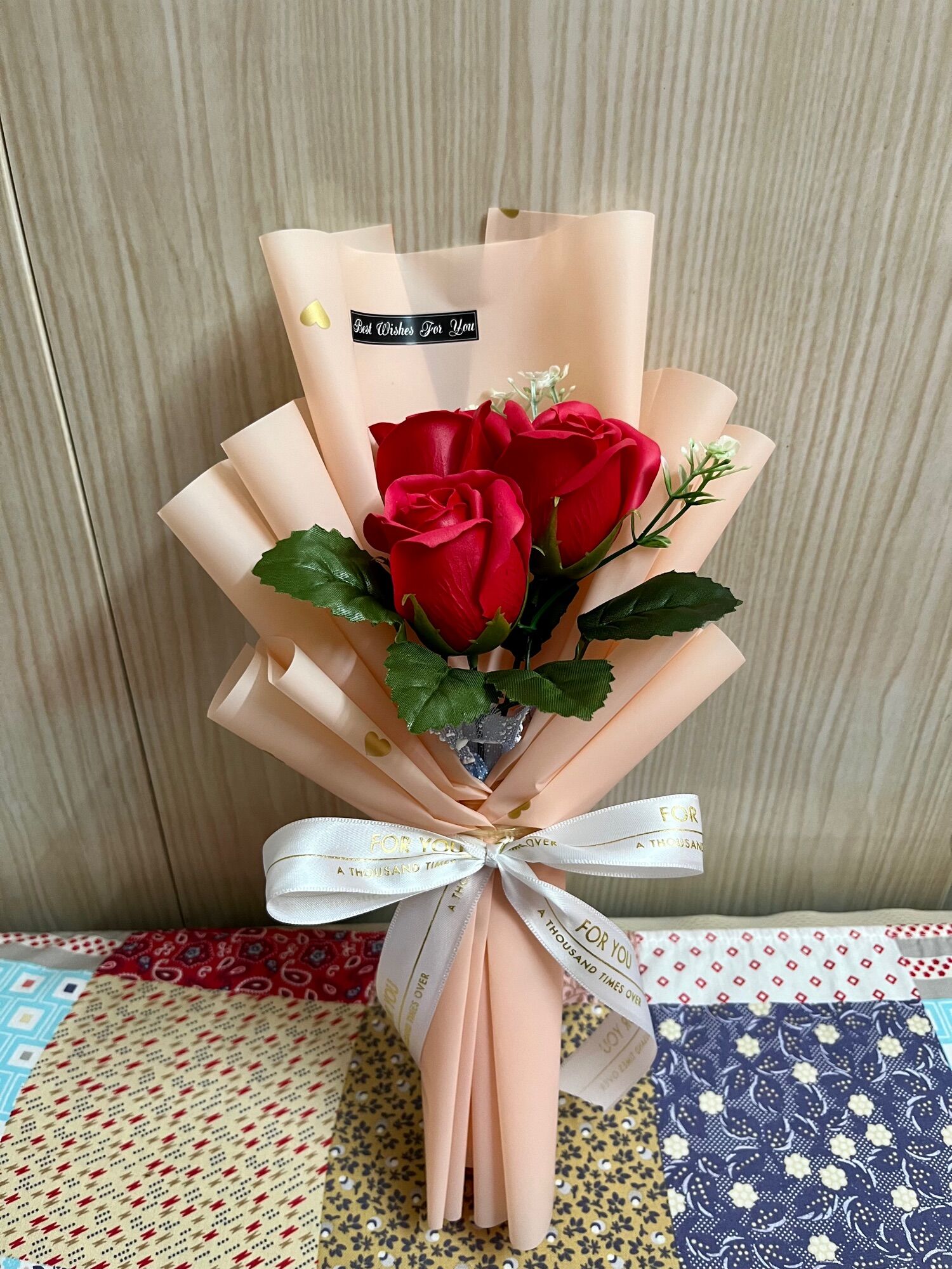 [Hcm]Wax Roses, Bouquet of 3 Flowers (with Bag + Card)