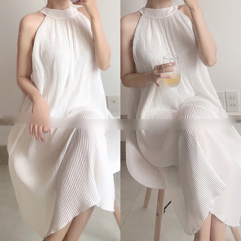Váy dập ly cổ yếm form maxi sang trọng ULZZANG