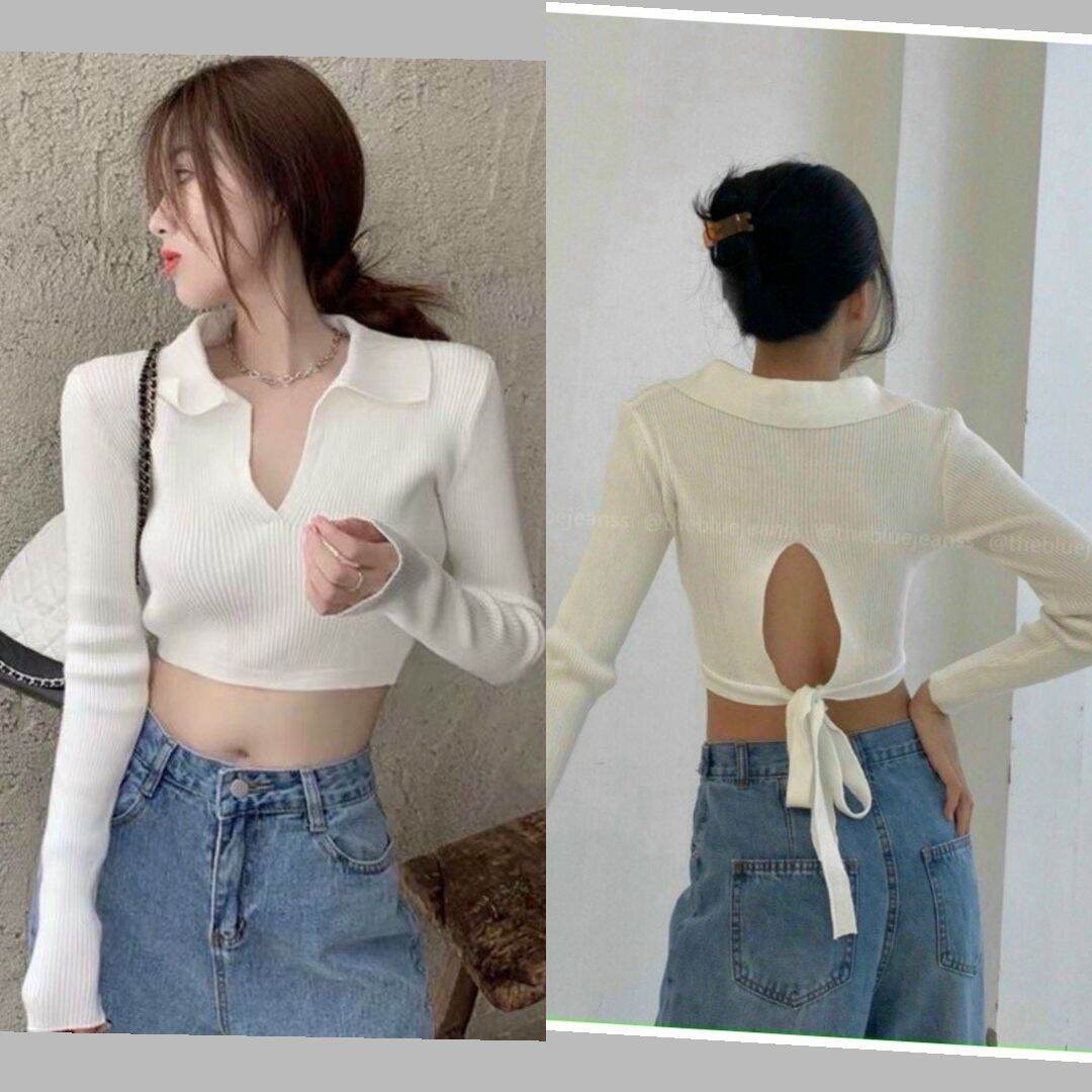 Áo Cổ Bẻ Tay Dài Hở Lưng Cột Nơ Fom Croptop