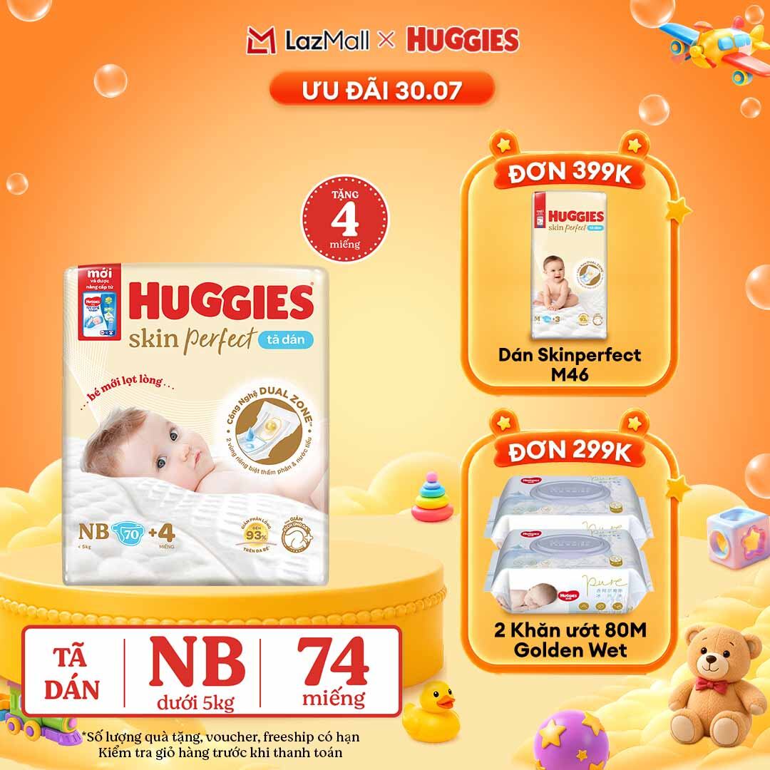 [30.7 QUÀ TẶNG ĐƠN 0Đ]  Tã/bỉm dán sơ sinh Huggies Skin Perfect NB70 với 2 vùng thấm giảm kích ứng da (tặng miếng thay đổi theo từng đợt)