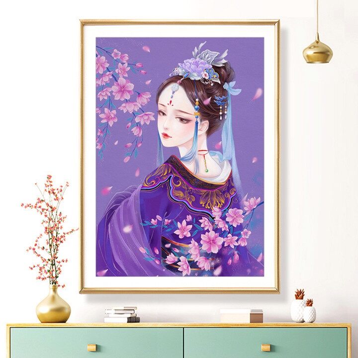 Tranh đính đá Cô gái hoa đào kích thước:35×50cm - tranh chưa đính