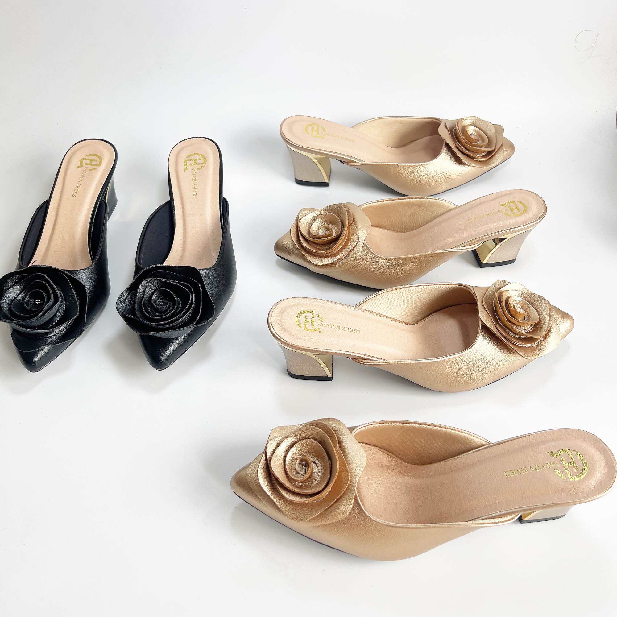 Giày sục hoa Hồng may lên quai gót mạ vàng cao 6cm. 