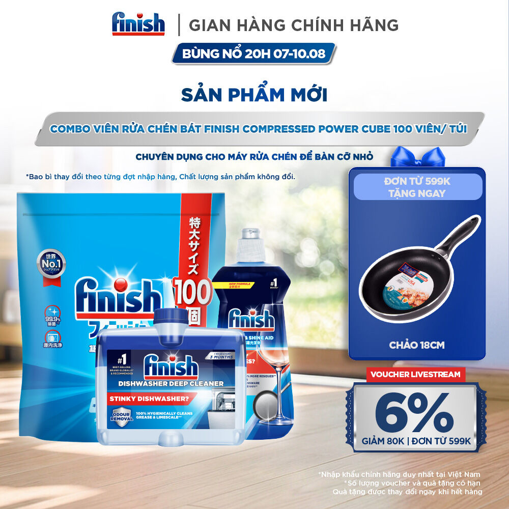 Combo Finish: Viên Rửa Chén Finish Nhật Bản Power Cube 100 Viên + Nước Làm Bóng + Dung Dịch Tẩy Rửa Máy Rửa Chén Bát