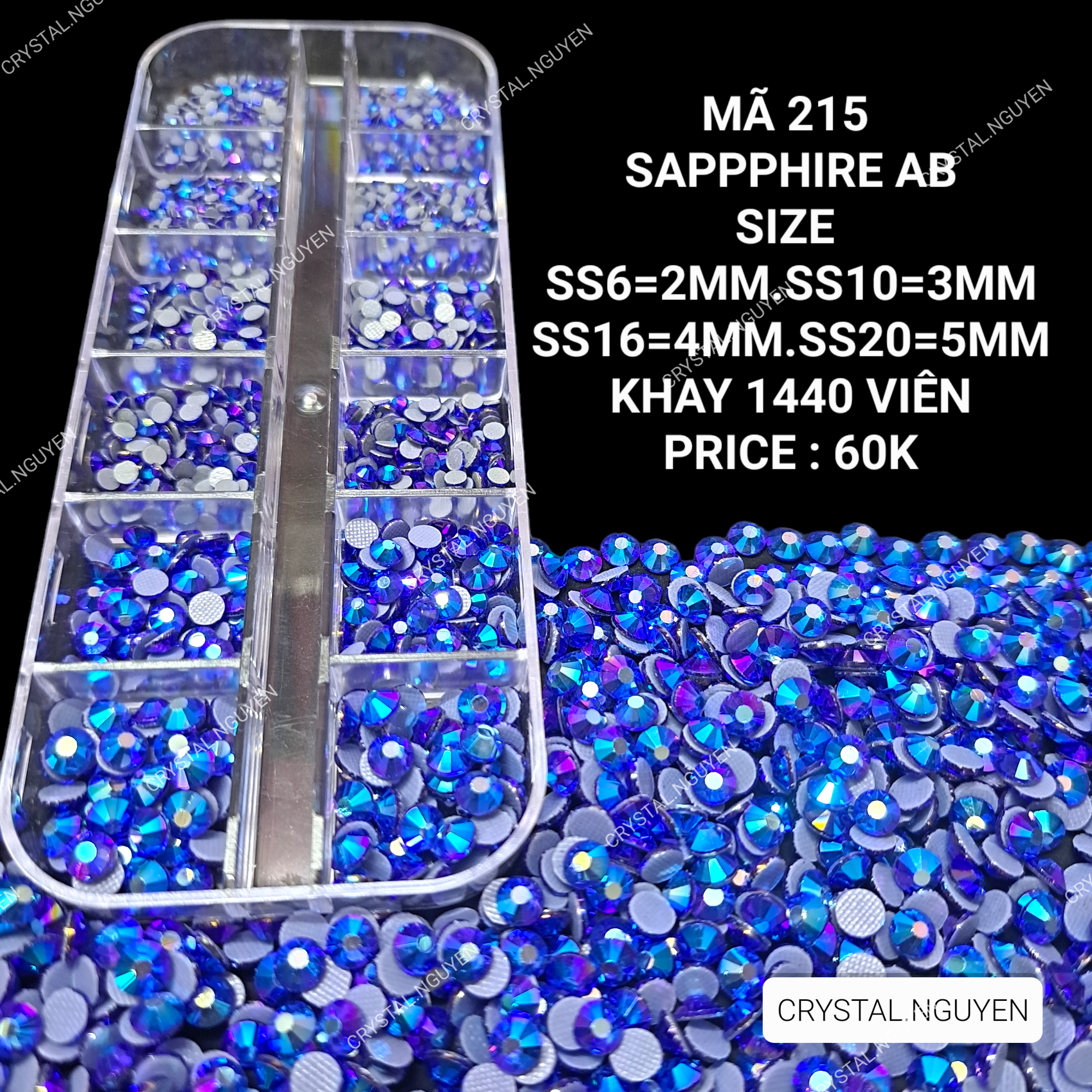 Mã 215 sapphire ab- đá nail khay - đá túi mix size- đá lẻ size