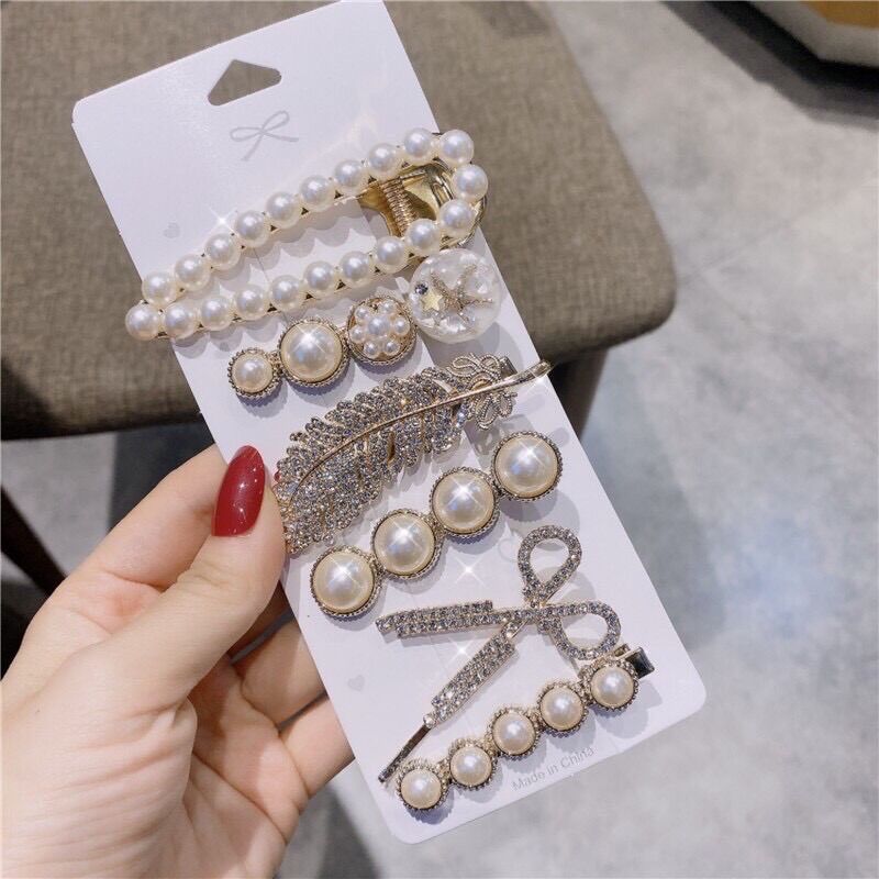 Set 6 kẹp tóc ngọc trai siêu sang chảnh - ngọc trai nhân tạo
