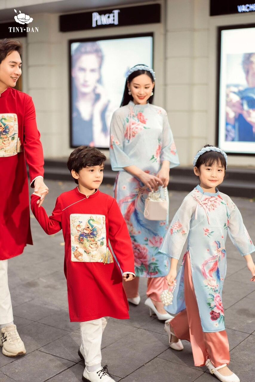 Áo dài cách tân gia đình Hoa Sen chất liệu vải tafta cao cấp đủ size, 2 màu đỏ vàng - A12