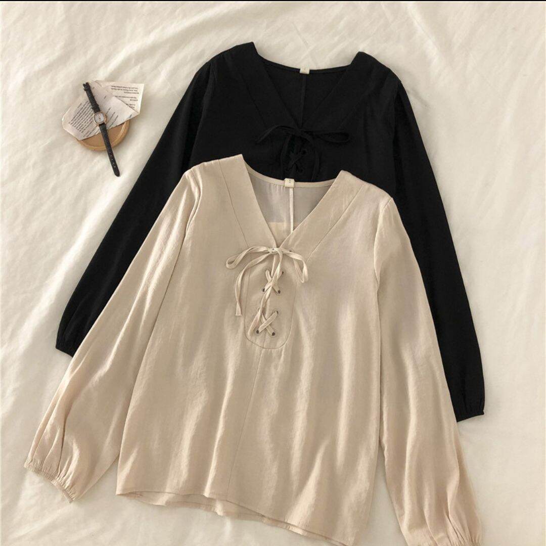 áo sơ mi kiểu cổ v đan dây ngực vintage
