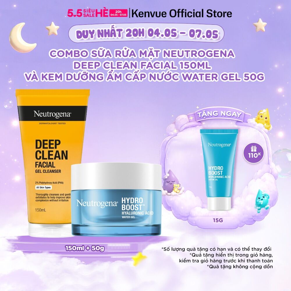 Combo Sữa rửa mặt sạch sâu Neutrogena Deep Clean Facial 150ml và kem dưỡng ẩm Water gel 50g (dành cho da dầu nhạy cảm)