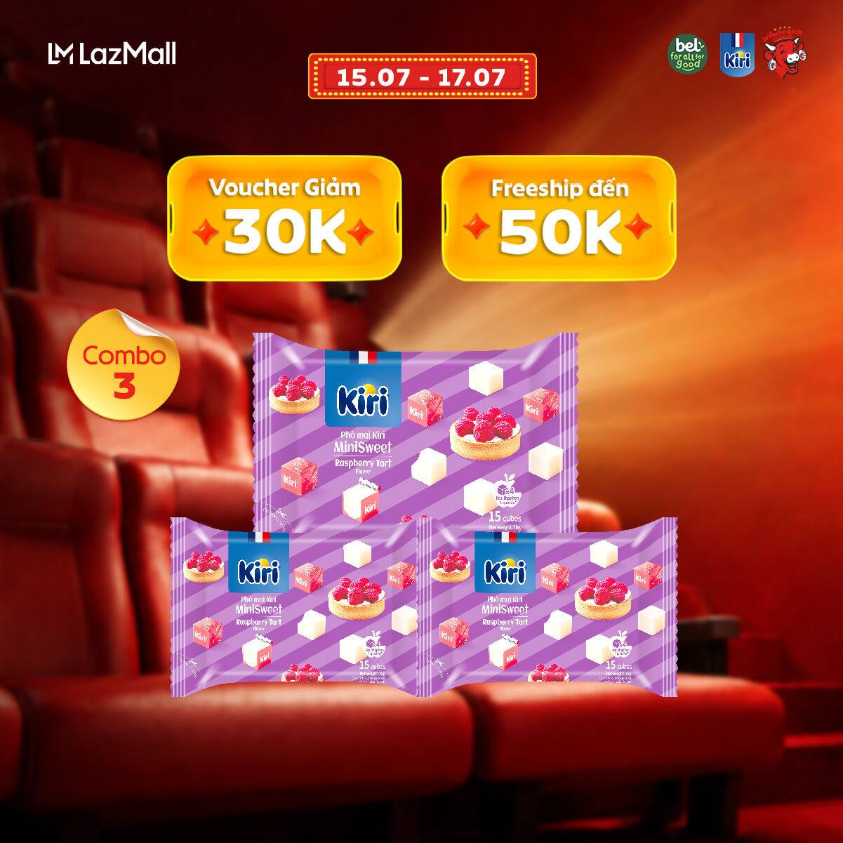 Combo 3 Phô mai Kiri vị mâm xôi 15C 78g