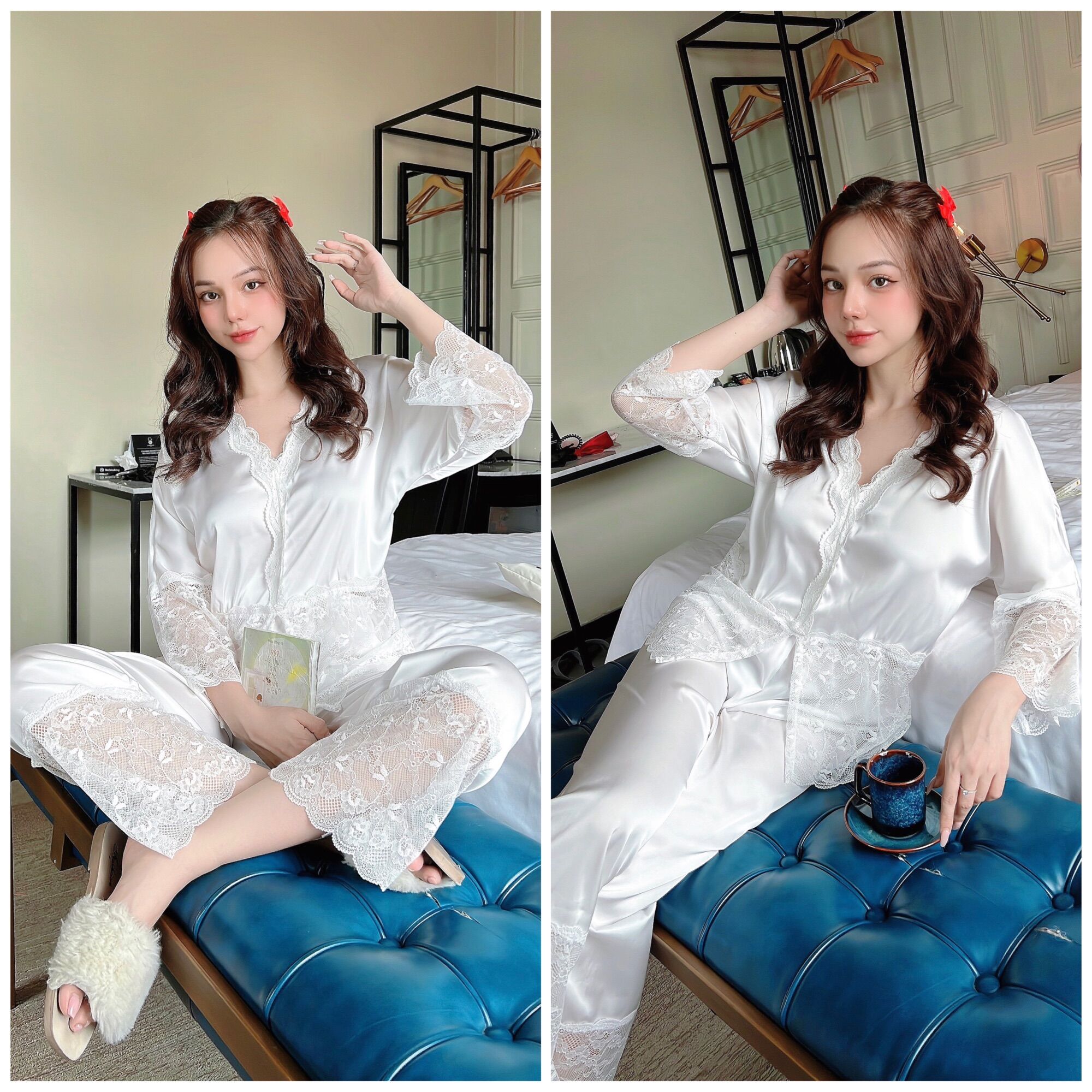 Set bộ Pijama lụa tay dài phối ren cao cấp mặc nhà tiểu thư , sang trọng