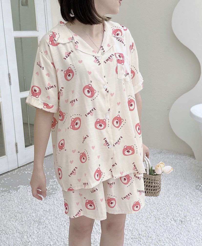 Đồ ngủ nữ, bộ pyjama mặc nhà chất liệu đũi mát lạnh hoạ tiết đáng yêu dành cho nữ