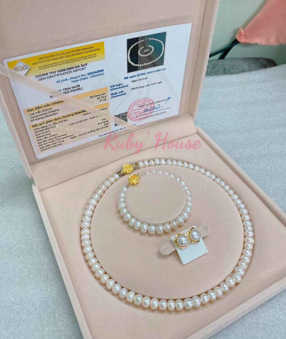 Bộ trang sức ngọc trai nuôi nước ngọt tự nhiên, kiểu dáng bánh xe, hạt bắp khoá vàng, bông nụ vàng 10k