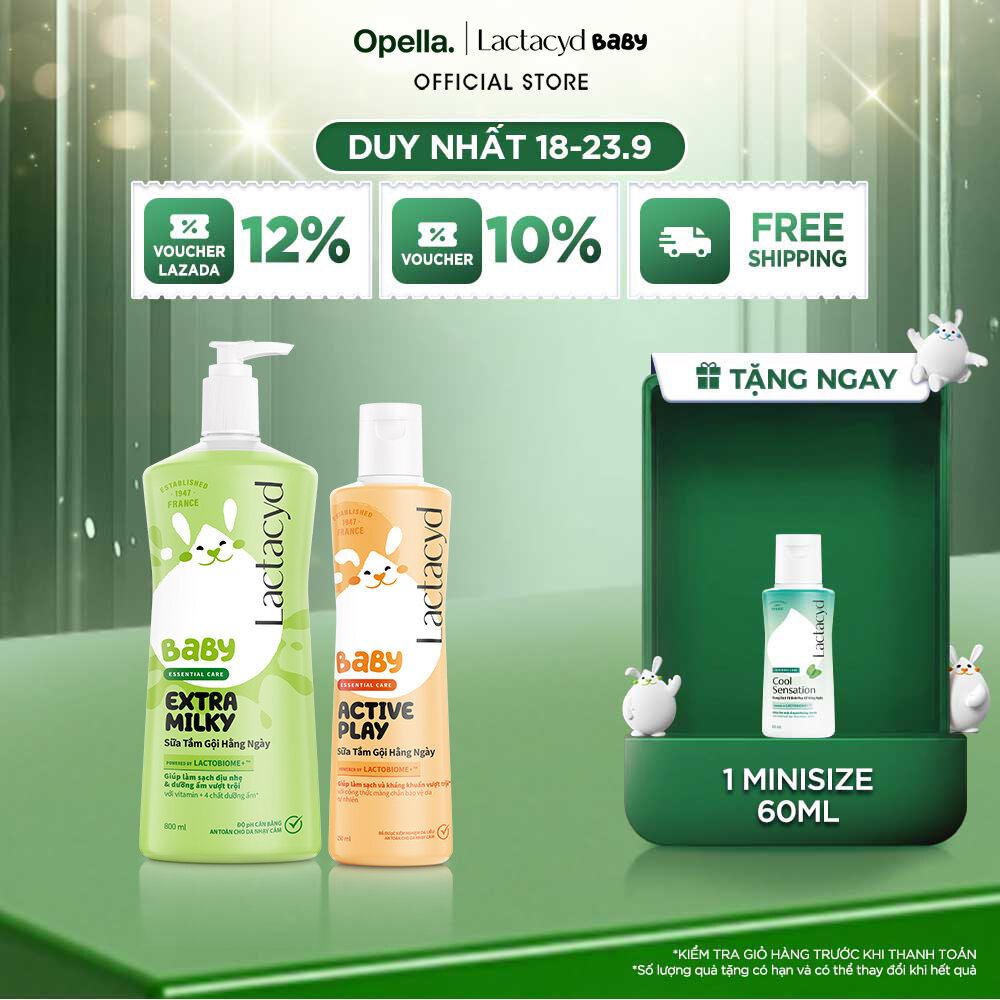 Bộ Sữa Tắm Gội Trẻ Em Lactacyd Baby Extra Milky Làm Sạch Dịu Nhẹ và Dưỡng Ẩm Vượt Trội Size Jumbo 800ml + Chai Sữa Tắm Gội Trẻ Em Active Play 250ml