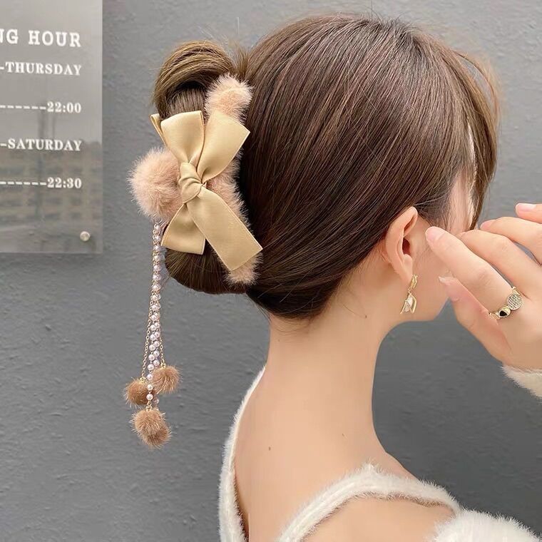 Kẹp tóc nơ phối lông tua rua phong cách Hàn Quốc