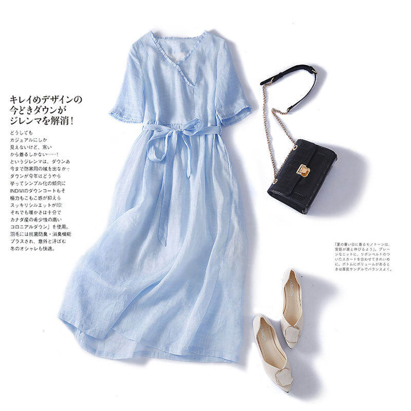 Váy Liền Vải Gai Đơn Gốc Cắt Mác Thanh Lý Xuất Khẩu Hàng Xuất Dư Thương Hiệu Lớn Cao Cấp Xuất Khẩu Váy Dài Lanh Tay Ngắn Mùa Hè Nữ