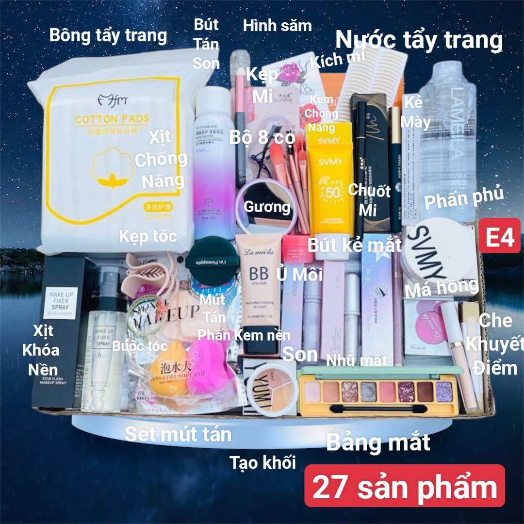 Bộ trang điểm đầy đủ chính hãng-27 món E4 LAMEILA Lip Glaze Lipstick+Mascara +chì kẻ mày+kẻ mắt+kem che khuyết điểm trọn bộ 27 món E4