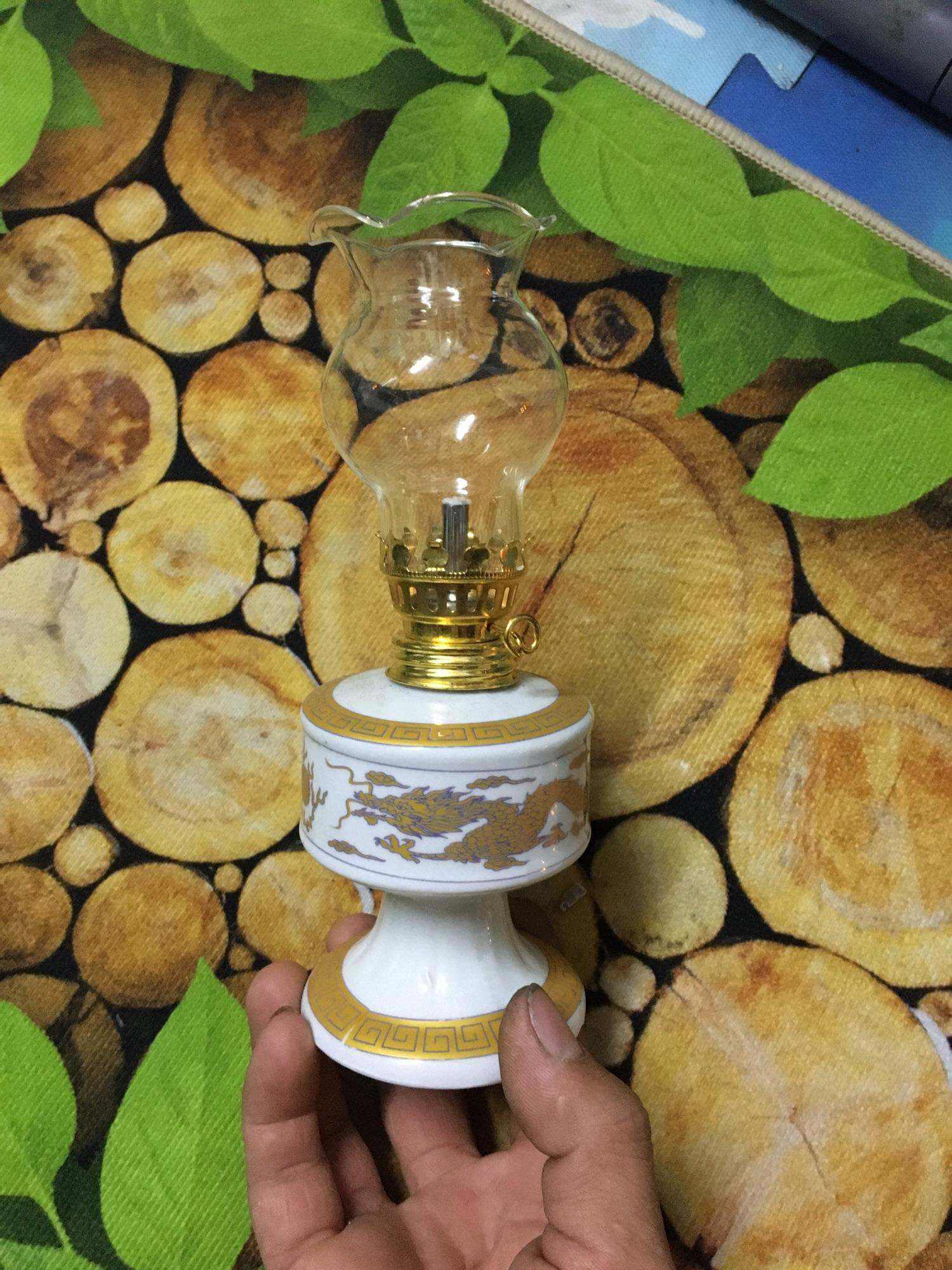 Đèn dầu thờ kim sa trắng hoa văn rồng dùng dầu