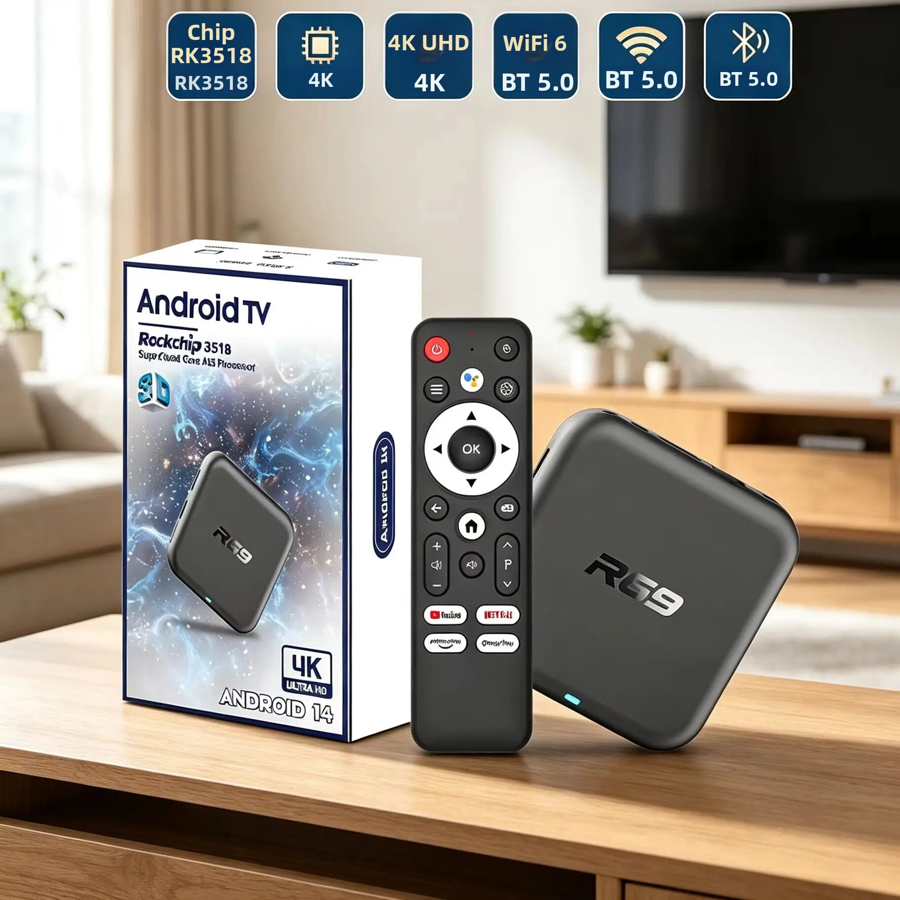 Hộp Giải Mã Truyền Hình Kỹ Thuật Số R69 4K Độ Nét Cao Tích Hợp Google Voice, Hỗ Trợ Android 14 Đa Ngôn Ngữ, Trình Phát Đa Phương Tiện Trực Tuyến
