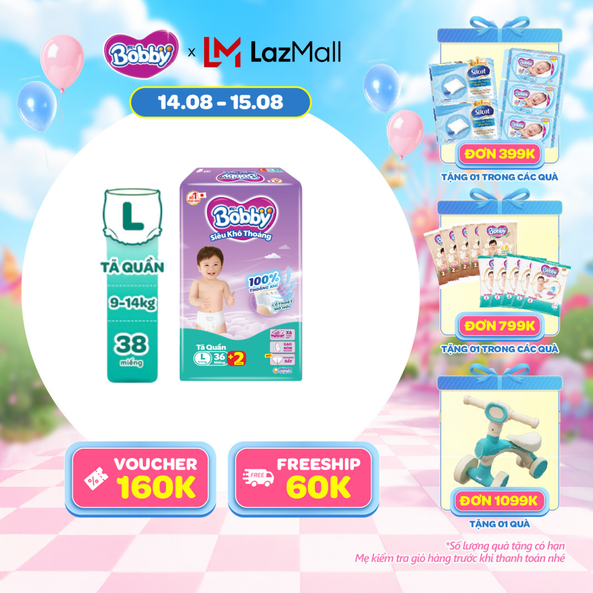 [12-14.08 QUÀ TO] Tã quần Bobby Siêu Khô Thoáng - 100% Thoáng Khí Jumbo L38
