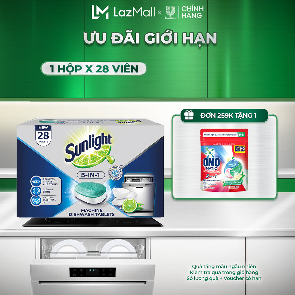 Hộp Viên Rửa Chén Bát SUNLIGHT 5 in 1 Cho Máy Rửa Chén Bát (28V/hộp) (bao bì tùy lô nhập hàng)