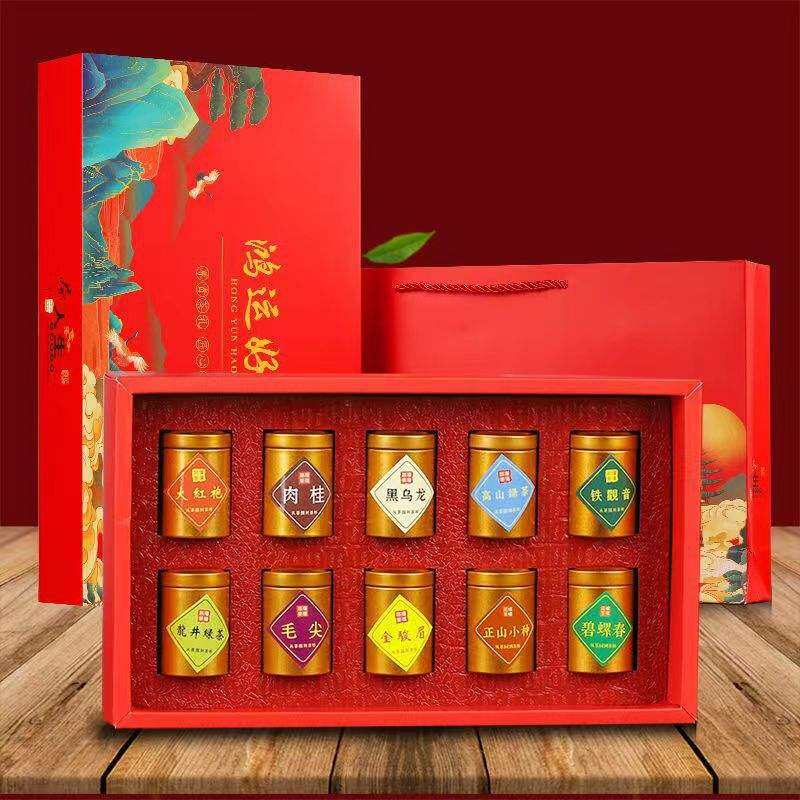 set thập đại danh trà hộp đỏ tặng kèm túi giấy