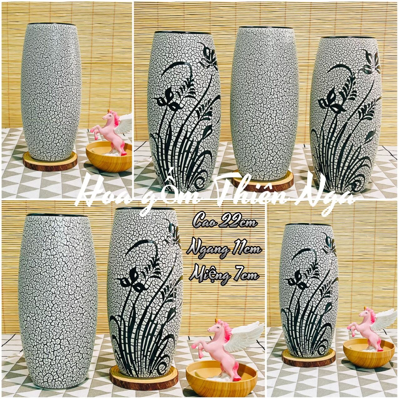 Bình cắm hoa gốm men rạn xám Bát Tràng cao 22cm.