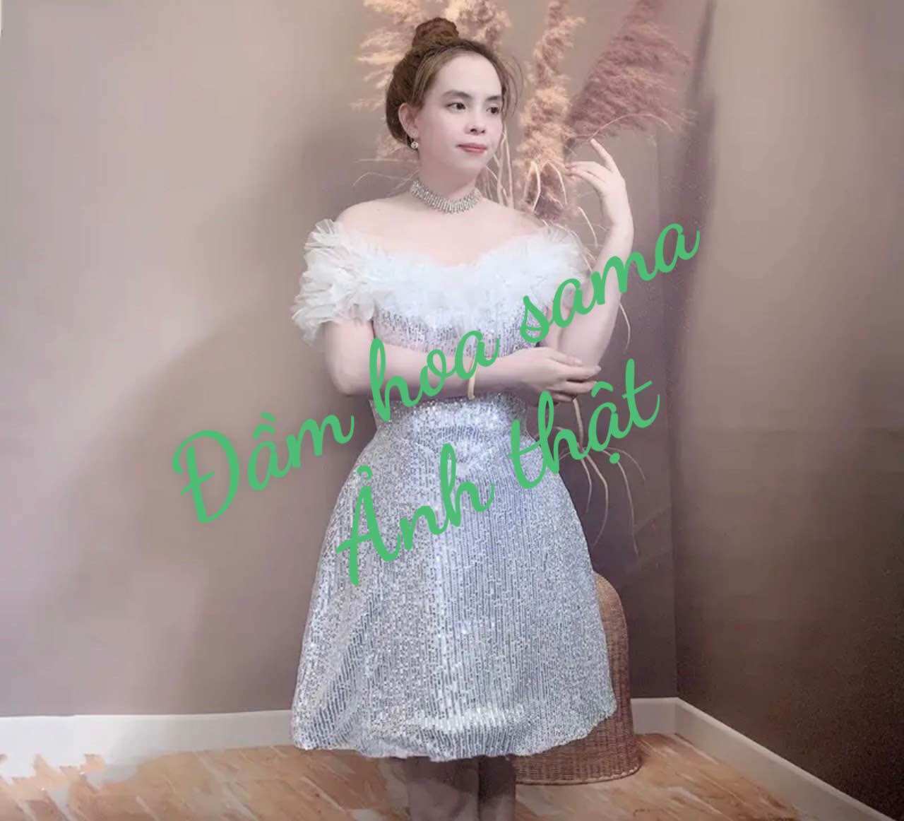 ĐẦM TRỄ VAI ĐÍNH HOA( kèm ảnh thật )