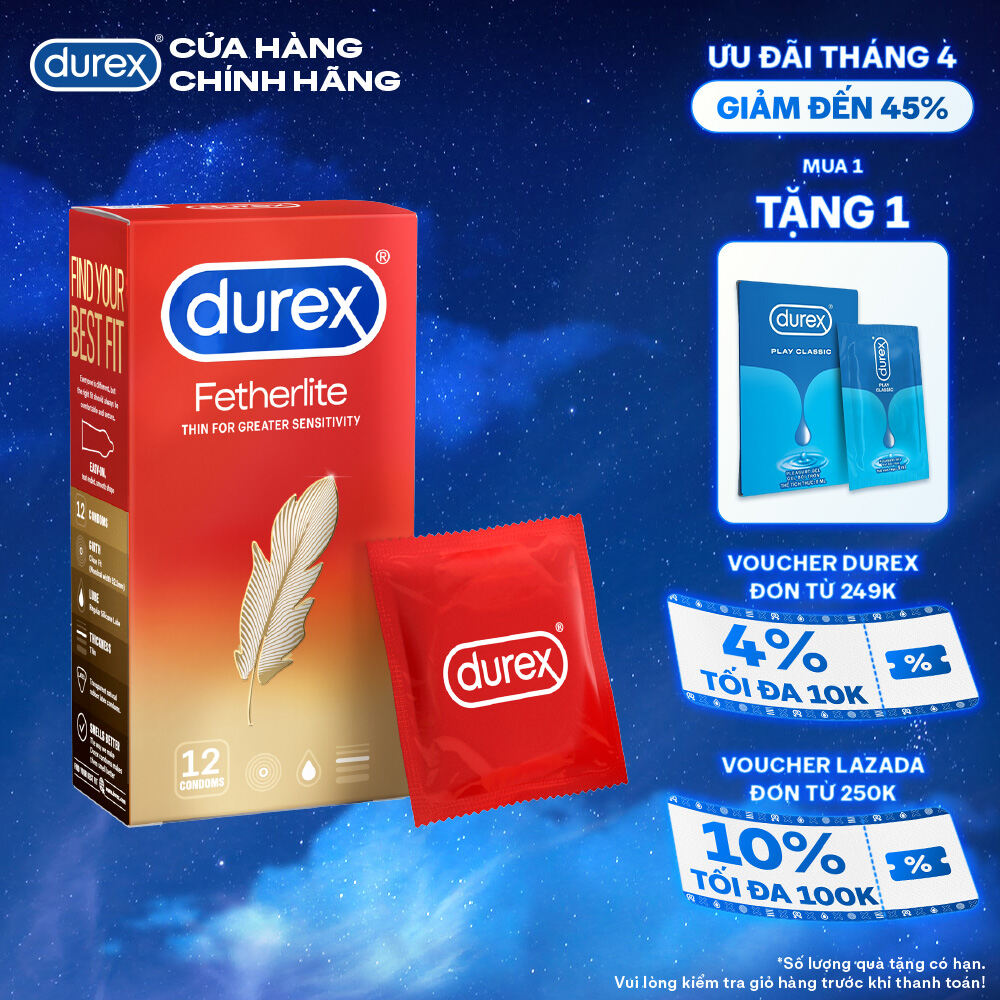 Bao cao su Durex Fetherlite siêu mỏng, size 52.5mm, 12 bao/hộp