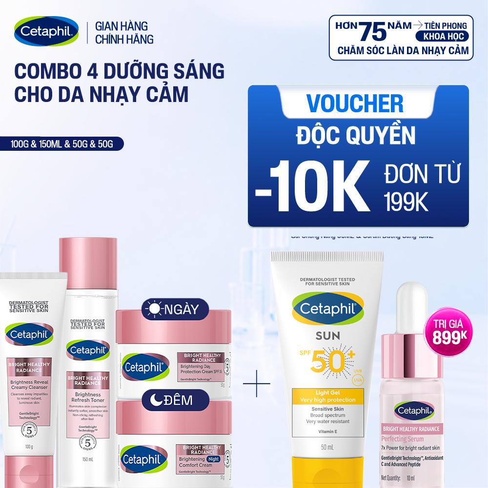Trọn bộ 4 sản phẩm dưỡng sáng Cetaphil Bright Healthy Radiance Sữa rửa mặt 100g + Nước cân bằng 150ml + Kem dưỡng ẩm ngày 50g và Kem dưỡng ẩm đêm 50g