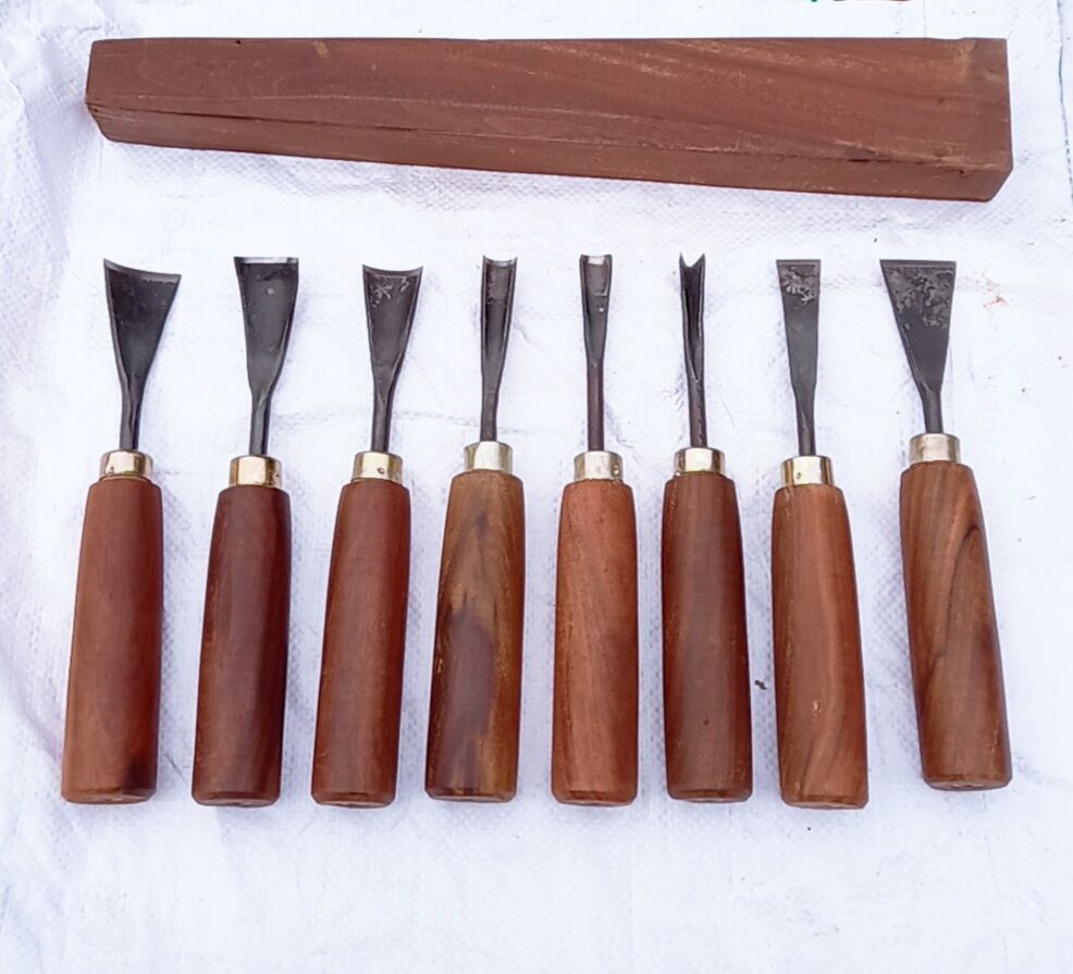 Bộ đục bonsai cây cảnh mài sắc gồm 8 cây đục thép nhíp ô tô và 1 dùi đục gỗ nghiến siêu bền siêu bén hàng rèn gia truyền