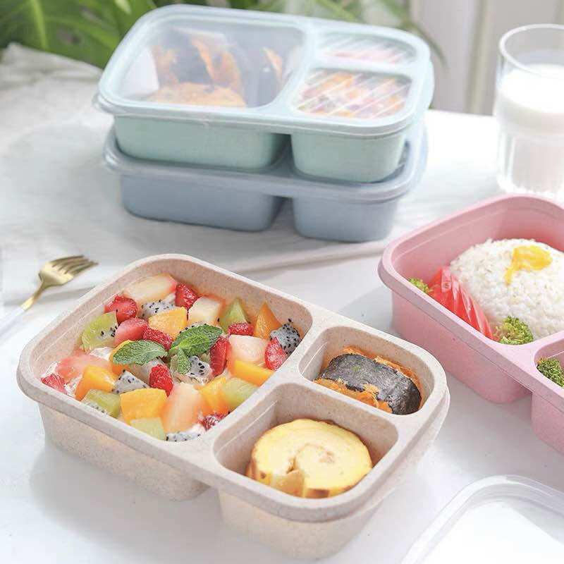 Khay đựng cơm đựng đồ ăn 3 ngăn có nắp đậy chất liệu lúa mạch