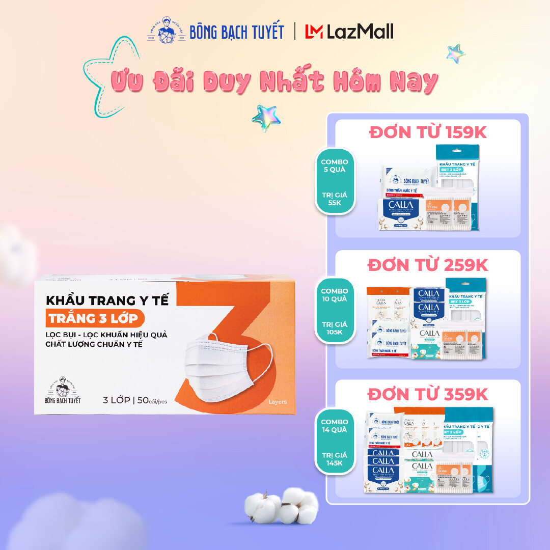 Khẩu trang Bông Bạch Tuyết 3 lớp trắng (50 cái/hộp)