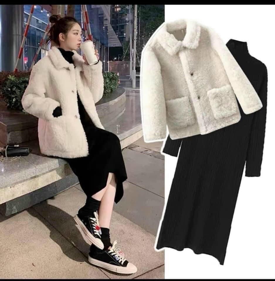 Váy xuông đen kèm áo khoác lông cừu dày dặn , hàng QCCC set váy xuông kèm áo khoác lông cừu