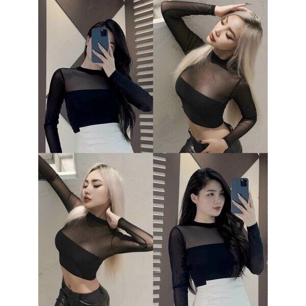 Ó CROPTOP TAY DÀI PHỐI LƯỚI CỰC ÔM AL123