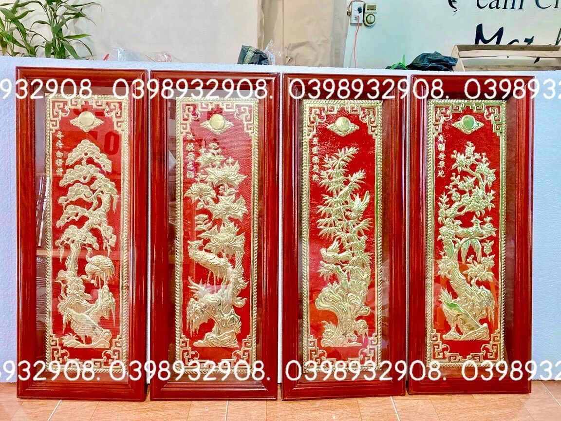Tranh tứ quý hp lvđ cao 100 cm x ngang 40 cm nặng 18 kg khung gỗ chất liệu bằng đồng tranh đồng treo phong thủy