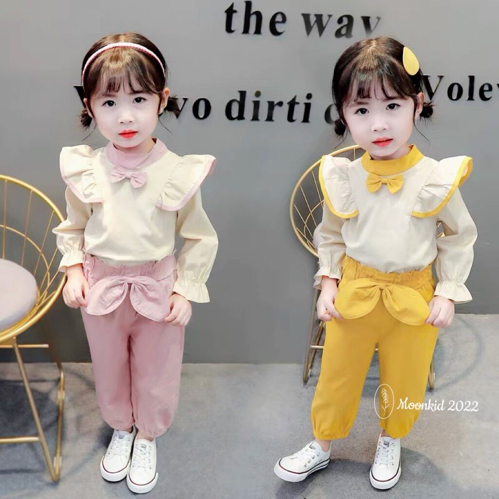 Bộ đồ đũi phối nơ xinh cho bé gái từ 8 _22kg