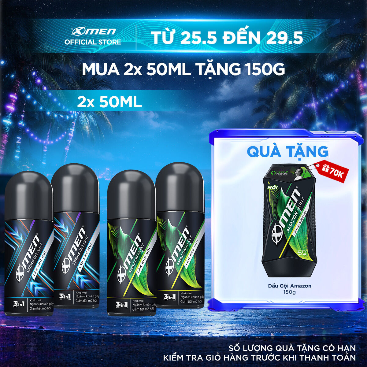 [COMBO MUA 2 TẶNG 1] Combo 2 Lăn khử mùi Xmen Amazon Hunt/Vegas Delight 50ml/chai + Tặng 1 Lăn khử mùi Amazon/Vegas 50ml