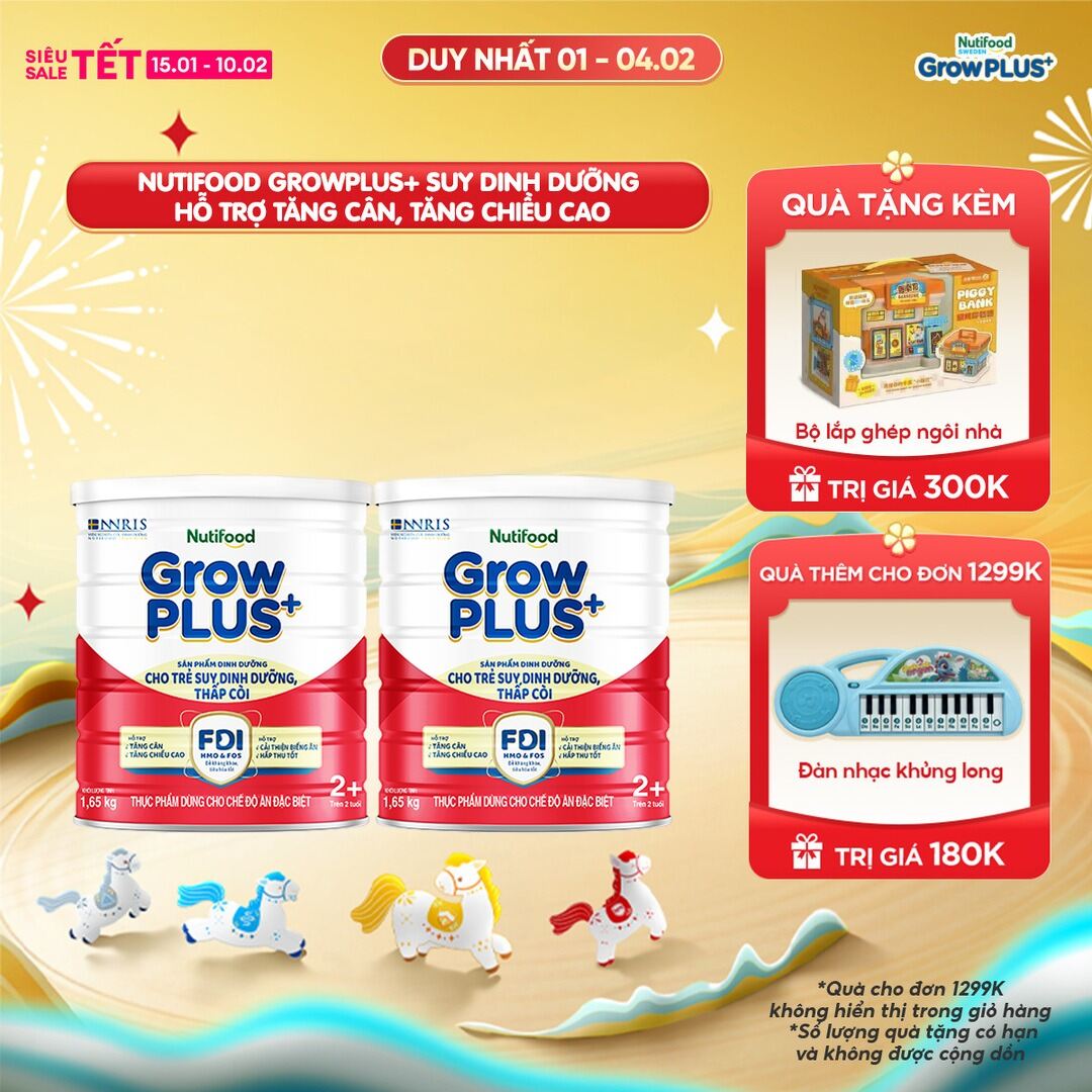 Combo 2 Sữa bột Nutifood GrowPLUS+ Suy Dinh Dưỡng (Đỏ) 2+ - Hỗ Trợ Tăng Cân Tăng Chiều Cao (2 Lon 16