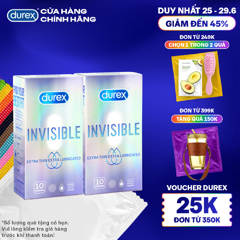 [Voucher giảm tối đa 45K đơn từ 349K] Bộ 2 hộp bao cao su Durex Invisible Lubricated siêu mỏng, bôi trơn (size 52mm, 10 bao/hộp)